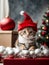 Cute kitten wearing Santa Claus red hat. Generative AI