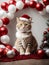 Cute kitten wearing Santa Claus red hat. Merry Christmas and Happy New Year decoration. Generative AI