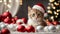 Cute kitten wearing Santa Claus red hat. Merry Christmas and Happy New Year decoration. Generative AI