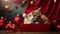 Cute kitten wearing Santa Claus red hat sits in the red gift box. Generative AI