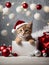 Cute kitten wearing Santa Claus red hat sits in the white gift box. Generative AI