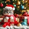 cute kitten wearing santa hat in the gifts and presents