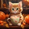 Cute kitten wearing sweaters with cup of hot chocolate with marshmallows