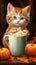 Cute kitten wearing sweaters with cup of hot chocolate with marshmallows