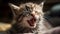 Cute kitten yawning, playful and fluffy, staring at camera indoors generated by AI