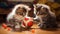 Cute kittens playing with small soccer ball