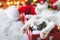 Cute kittens sleeping on cozy santa hat with red and gold ornaments with warm festive lights
