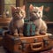 Cute kittens traveling holiday pets cats on luggage Adorable love animals