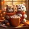 Cute kittens wearing sweaters with cup of hot chocolate with marshmallows