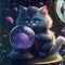 Cute kitty demon in wonderland with mystical ball, flowers, magic clock, fantasy, illustration