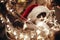 Cute kitty in santa hat sitting in basket with lights and ornaments under christmas tree in festive room. Merry Christmas concept