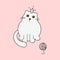 Cute kitty white princess and yarn ball vector illustration.