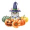 Cute kitty in wizard hat surrounded with pumpkins. Watercolor cartoon style illustration. Hand drawn funny cat with