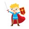 Cute Knight boy. Cartoon kid with shield and sword