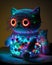 a cute knitted cat glowing neon vibrant adorable, handmade crocheted doll