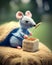 Cute knitted mouse with a wheat stem. AI generated illustration.