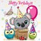 Cute Koala in the box and owls with balloon and bonnets