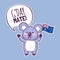 Cute koala character holding an Australian flag and saying G`day mate.