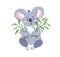 Cute koala eating leaf branch. Happy funny baby animal with green food. Adorable kawaii Australian bear with plant