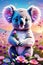 A cute koala in a field with beautiful flowers, holds a flower in hands, with pink cotton sunset, cartoon, animal, nature view