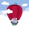 Cute Koala is flying in a balloon high in the sky. Summer happiness.