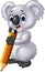 Cute koala holding pencil on white background