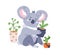 Cute koala with potted plants. Happy Australian bear with houseplants. Adorable baby animal, kawaii friendly child