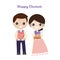 cute korean couple in traditional dress holding gift for Chuseok festival on white background