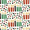 Cute Kwanzaa seamless pattern with seven kinara candles and dots in traditional African colors - black, red, green on white.