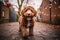 Cute labradoodle dog in party hat celebrating with falling confetti at a birthday party