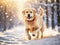 Cute labrador retriever dog running in deep snow, generative ai