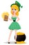 Cute lady in leprechaun costume standing near pot with gold and