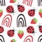 Cute ladybird, dotted rainbow, strawberry seamless vector pattern background.Ladybugs with strawberries and rainbows on