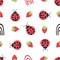 Cute ladybird, dotted rainbow, strawberry seamless vector pattern background.Ladybugs with strawberries and rainbows on