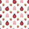 Cute ladybird, dotted rainbow, strawberry seamless vector pattern background.Ladybugs with strawberries and rainbows on