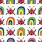 Cute ladybirds and rainbows seamless vector pattern background. Happy dancing ladybugs in childlike drawing style