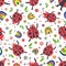 Cute ladybirds and rainbows seamless vector pattern background. Happy dancing ladybugs in childlike drawing style