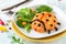 Cute ladybug shaped risotto with fresh salad for kids