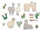 Cute Lama, Alpaca and cactuses set. Hand drawn vector illustration