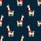 Cute lama with xmas hat seamless pattern on dark blue polka dots background.