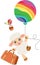 Cute lamb flying holding a rainbow balloon and travel suitcase