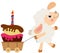Cute lamb pulling wooden small cart with birthday cake