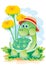 Cute land tortoise in a hat on a background of yellow dandelions, vector illustration, eps