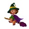 Cute Latina Girl Witch on the Broom. Happy Halloween. Trick or Treat, Cartoon Illustration.