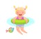 Cute Laughing Girl Kid swimming with inflatable ring with sea creatures friends.