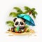 cute lazy panda sitting on ground on the beach eating under umbrella in the summer sun, ai generative