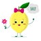 Cute lemon cartoon character with a pink bow holding a flower and welcomes.