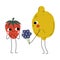 Cute Lemon Giving Bouquet of Flowers to Ripe Strawberry, Cheerful Berry and Citrus Fruit Characters with Funny Faces
