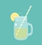 Cute lemonade jar illustration with lemon slice and straw. Fresh summer drink drawing