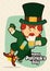 Cute Leprechaun Jumping and Drinking a Cold Beer, Vector Illustration